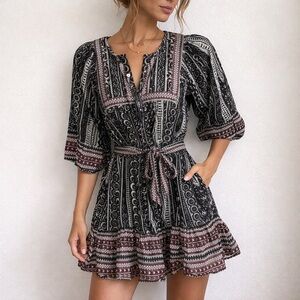 Cleobella Magdalena Split Neck‎ Puff Sleeve Mini Dress S Black Multi Block Print